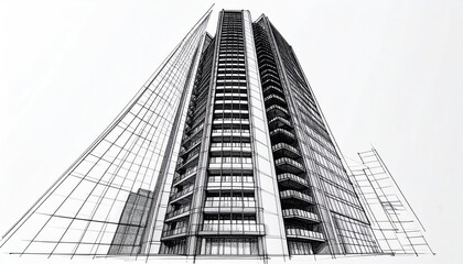 Fototapeta premium Architectural Sketch of a Modern High-Rise Building.