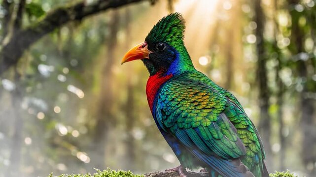 Vibrant Quetzal Bird Perched on Mossy Branch in Misty Forest