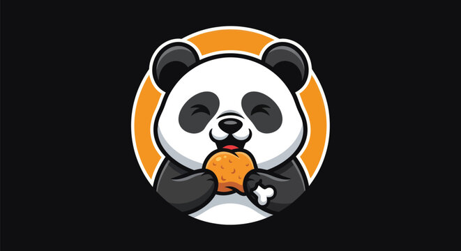 Cartoon panda with snack on black