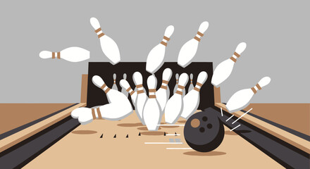 Dynamic bowling ball hitting scattered pins on a polished alley lane, a strike in action. © ZAENAL