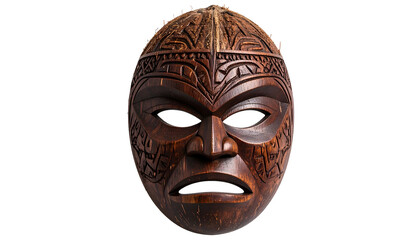 Naklejka premium Wooden tribal mask featuring intricate carvings and a stern expression, isolated on black