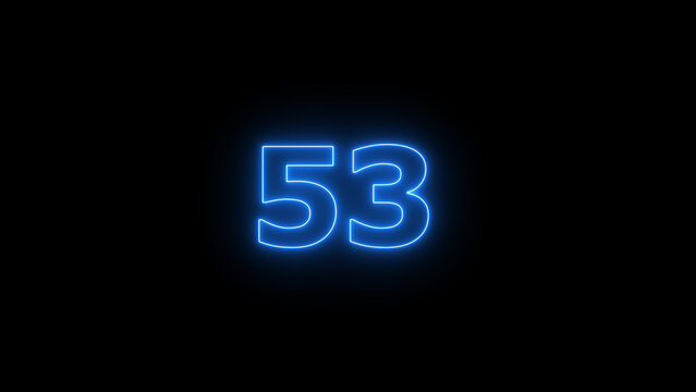Abstract beautiful blue neon counting number 53 icon background 4K illustration.
