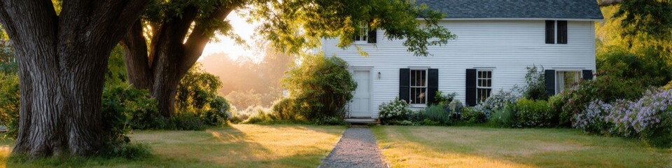 Fototapeta premium White farmhouse house with sunlit garden large trees pathway and flowering shrubs in morning light