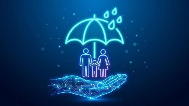 Digital family health insurance policy concept featuring medical safety and life security under umbrella held by glowing blue technology hand protecting life and security