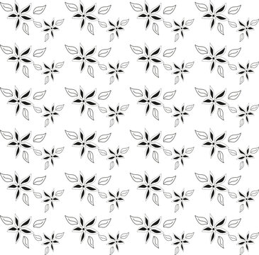 
Black and white seamless floral pattern of flowers and leaves in pencil hand drawn style on white background