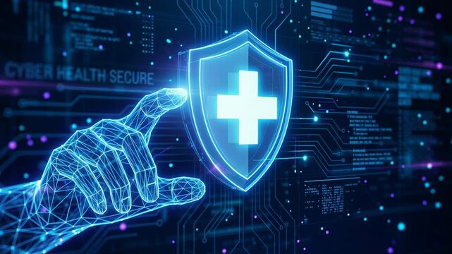 Digital health and medical safety shield symbolizing family life insurance policy and security with glowing medical cross in futuristic digital technology background for health protection