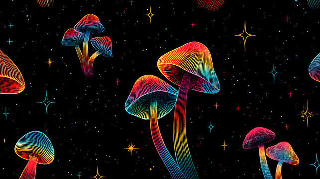A black background with neon rainbow mushrooms and stars in a vibrant psychedelic glowing design