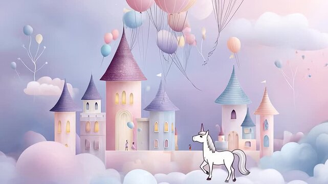 ?Enchanted unicorn and floating balloons in a dreamy castle wonderland