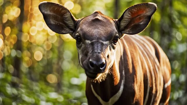 Young Okapi Calf Browsing in a Sun Dappled Rainforest