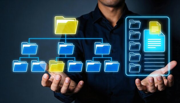 Man holding a digital folder structure with icons representing data organization and file management