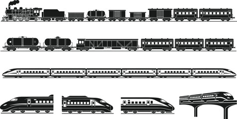 Vintage Steam Locomotive And Modern High Speed Train Silhouette Collection Featuring Freight Wagons Passenger Cars And Railway © MDMASIUR