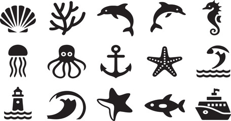 A comprehensive collection of various marine life and nautical themed flat black vector icons perfect for ocean exploration designs © Creative Studio 
