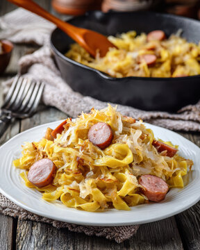 Traditional Polish Łazanki with Sauerkraut, Mushrooms and Sausage. AI generative.