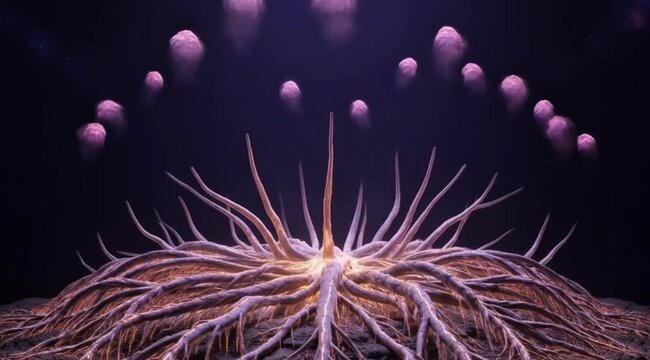 An abstract 3D animation of glowing neural networks and brain-shaped organisms growing and floating in a dark cinematic space, symbolizing artificial intelligence and biological evolution.