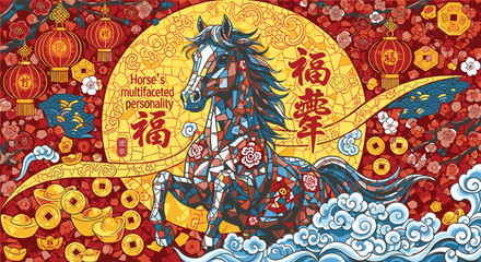 Obraz premium Chinese New Year Horse Celebration Illustration.