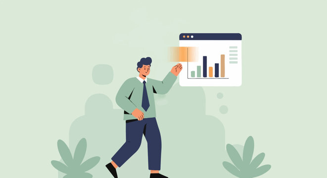 A man in a suit presents a bar graph on a digital screen