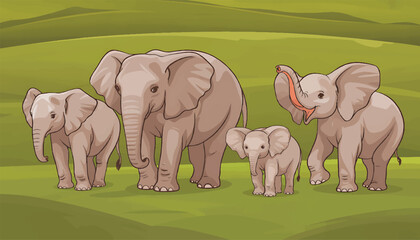 A delightful cartoon illustration portrays a happy elephant family including adults and playful calves walking together through a vibrant landscape © Creative Studio 