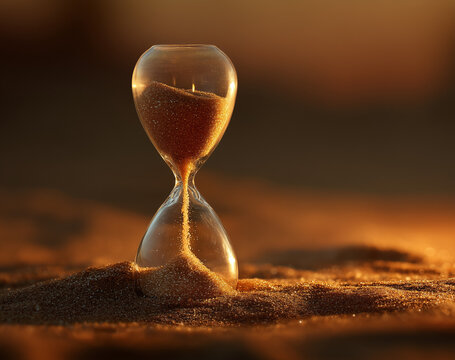 Borosilicate glass hourglass with flowing golden sand measuring deadline pressure for financial year end tax season