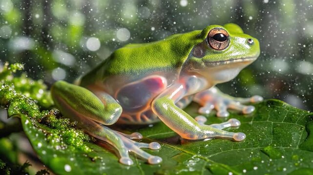 A Transparent Glass Frog Perched on a Leaf in the Rain