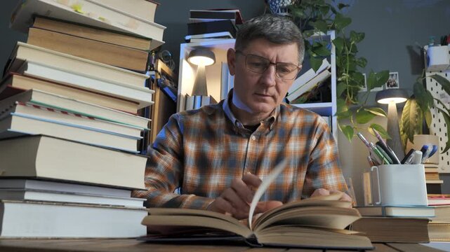 Man studying book surrounded by stacked literature at home workspace, Focused reading session with academic materials and research preparation
