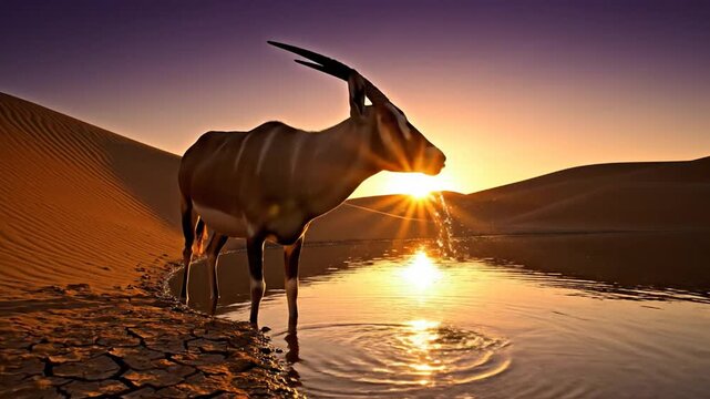 Addax Drinks From Desert Oasis at Sunset