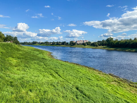 Western Dvina river in the city of Polotsk. Belarus. Beautiful summer landscape.