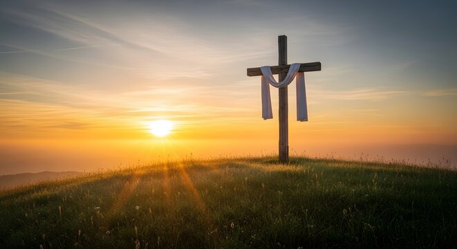 Wooden cross draped with white cloth on a grassy hill at sunrise against a golden sky