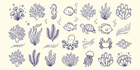 Undersea life and marine animals, hand drawn ocean sea creatures sketch, coral reef and fish vector art, maritime wildlife aquatic background, octopus and sea turtle doodle art, undersea world nature  © Geetaroy