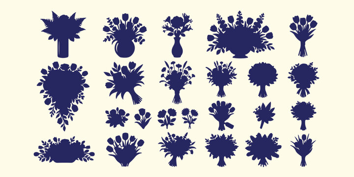 Floral bouquet and vase silhouettes, decorative flower arrangement pattern, elegant botanical silhouette vector art, home decor floral design background, garden flower bouquet silhouette art, luxury f