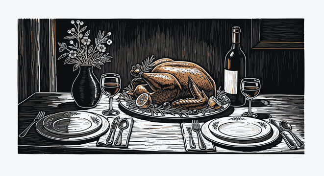 food-themed scratchboard illustration depicting a dinner table setting.