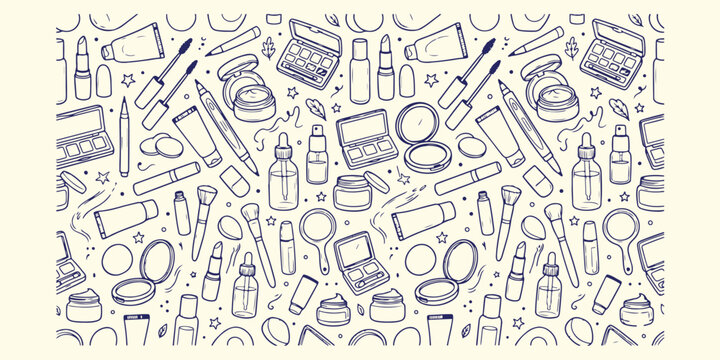 Cosmetics and beauty products pattern, feminine makeup and skincare background, hand drawn beauty tools vector, luxury cosmetic products seamless texture, makeup artist equipment doodle art, vanity sh
