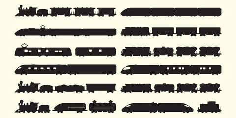 Railway train and locomotive silhouettes, industrial transport vehicle pattern, modern high speed train vector, steam engine and cargo train, railway logistics transportation background, public transp © Geetaroy