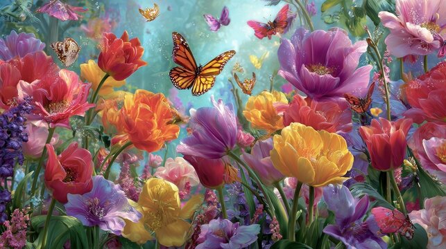 Spring symphony: delicate blossoms and butterflies in harmony. Hero poster. A serene spring scene with blossoms and butterflies in perfect balance. Adventure poster. Action poster.