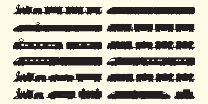 Railway train and locomotive silhouettes, industrial transport vehicle pattern, modern high speed train vector, steam engine and cargo train, railway logistics transportation background, public transp