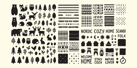 Nordic style winter icons set, cozy home and nature doodle, scandinavian winter lifestyle vector, hygge home decor design elements, winter forest and animal sketch, holiday celebration nordic pattern  © Geetaroy