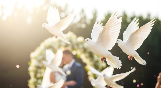 White doves fly at a wedding ceremony with a blurred couple.