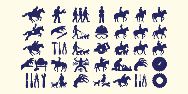 People and lifestyle activity silhouettes, Walking and running crowd symbols, Family and pet dog walking, Equestrian horse riding silhouettes, Daily human routine action icons, Social community and gr