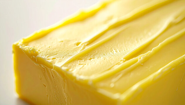 Creamy yellow butter block, soft spread marks, rectangular piece, smooth glossy surface