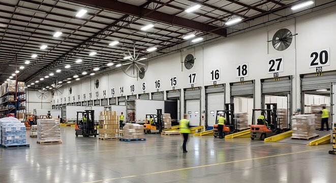 Forklifts move goods at a busy loading dock in a large industrial warehouse.