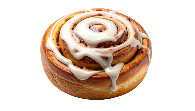 Close-up of a frosted cinnamon roll isolated against a transparent background