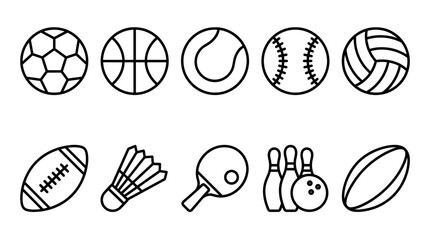 Fototapeta premium A clean, minimalist collection of line art icons featuring various popular sports balls and equipment, perfect for websites, apps, or print.