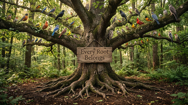 Diverse colorful birds perched on ancient oak tree with wooden sign text "Every Root Belongs" in green forest