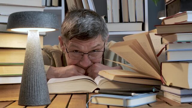 Man making funny faces while reading book among stacked volumes, Humorous reaction during casual home reading session