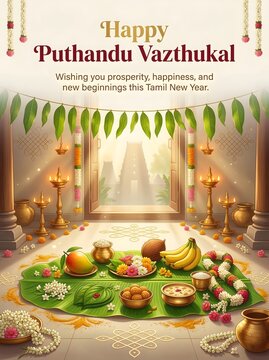 Happy puthandu vazthukal tamil new year celebration decorations with traditional food