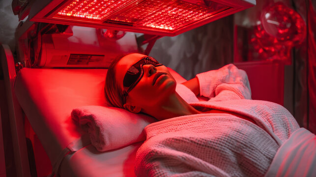 Professional red light therapy treatment woman resting on spa bed wearing protective glasses and white robe