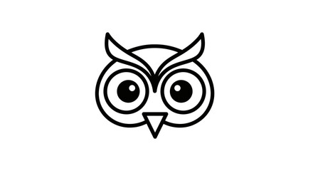 Obraz premium A minimalist black and white line art illustration of an owl's head with large eyes and prominent eyebrows, facing forward.
