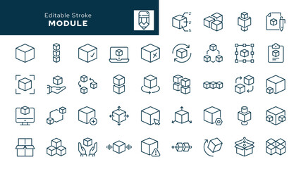 Module. Set of outline icons. Cube, box, geometric shape, model, block, product. Line icon in linear style. Vector collection