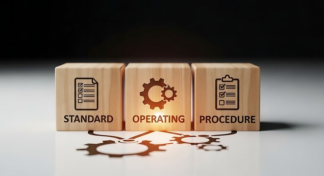 Standard Operating Procedure Concept with Wooden Blocks and Gear Icons.