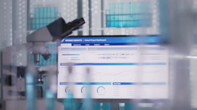 Biochemistry research laboratory for research of human disease. Computer displaying test results