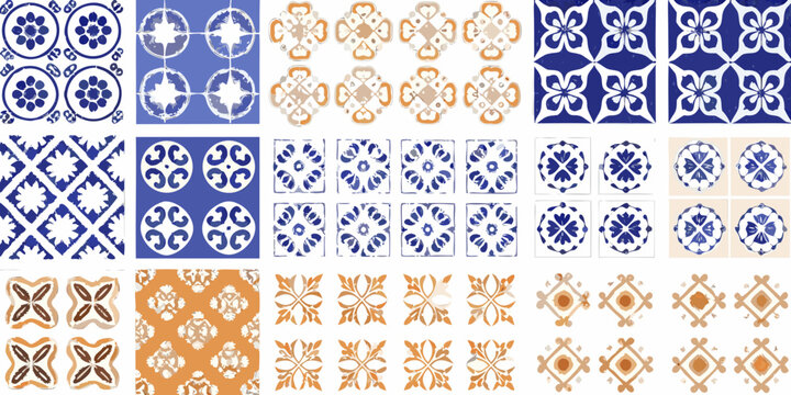 Assortment of vintage blue and orange decorative tile patterns